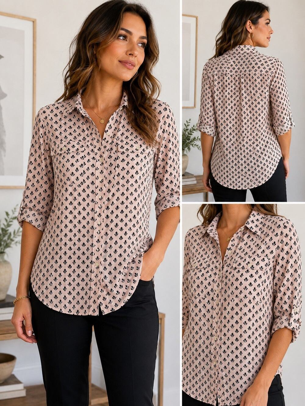 LOFT Women’s Medium Blush Pink Black Geometric Button Front Blouse Roll Tab